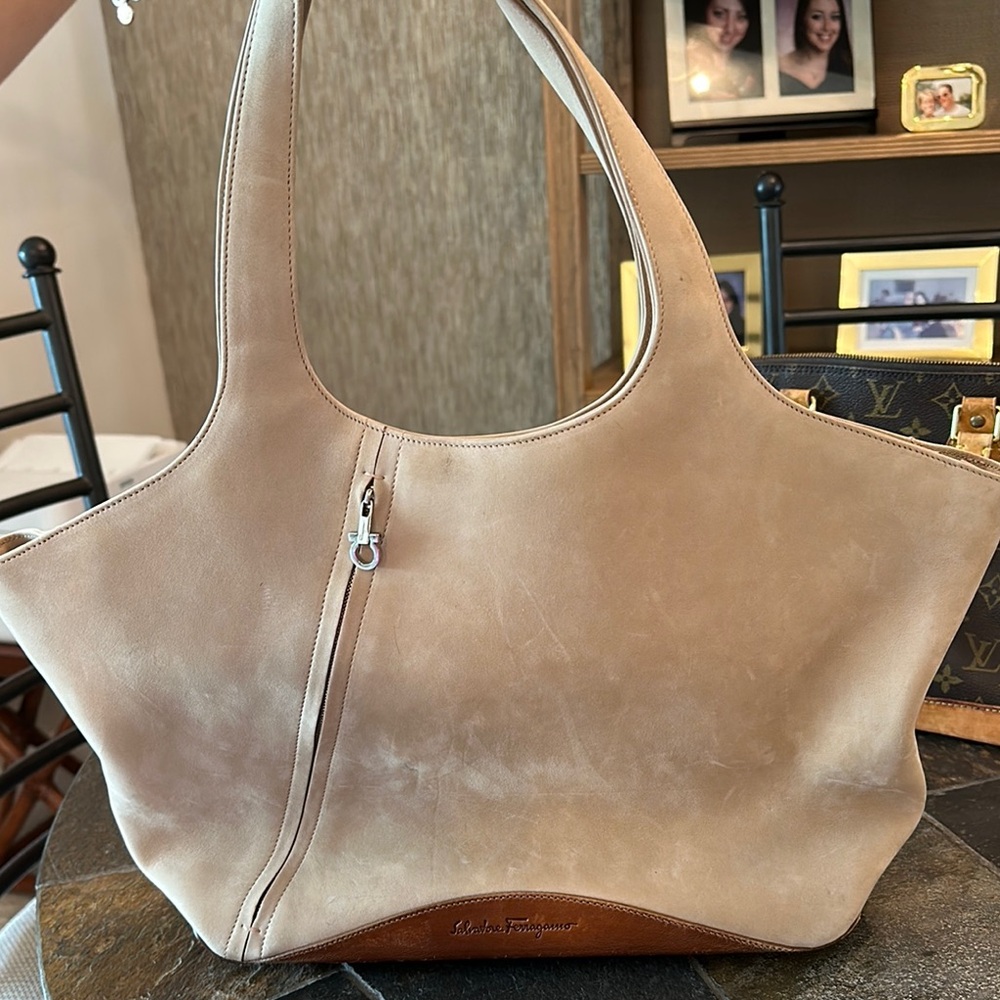Salvatore Ferragamo Beige and Brown Suede Tote Bag